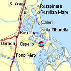 Een overzicht van de Po-delta met de ligging van Rosolina Mare