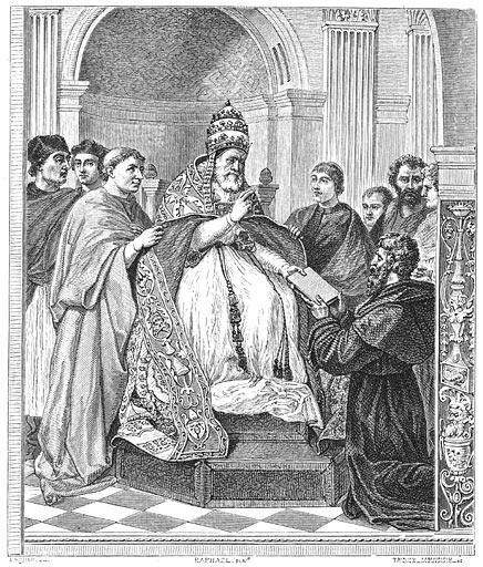 Gregorius IX de decretalen uitrijkende. (Stanza della Segnatura.)